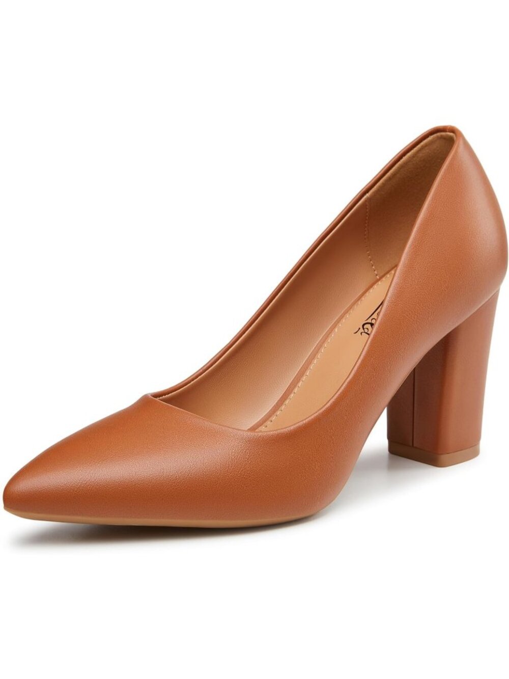 Womens Heel Brown Pu Rubber Sole High Chunky Block Closed Pointed Toe Party Pump